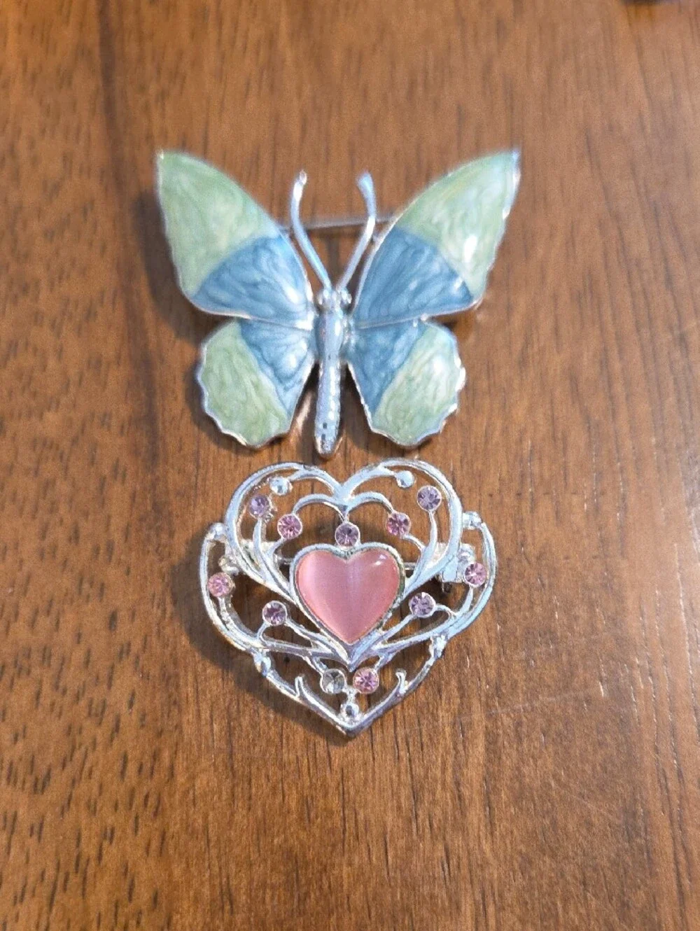 Enamel Butterfly, Dragonfly & Heart Brooch Set - Pink & Green